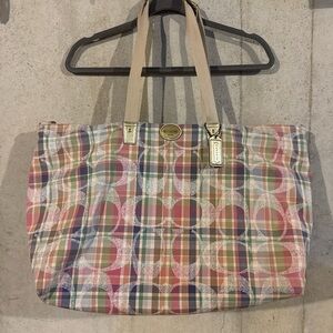 Coach Multicolor Plaid Signature Tote with Beige Straps